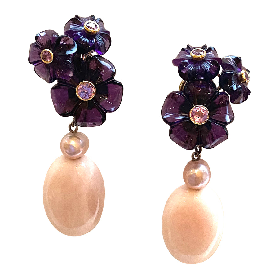 Triple Amethyst Flower Cluster Earrings