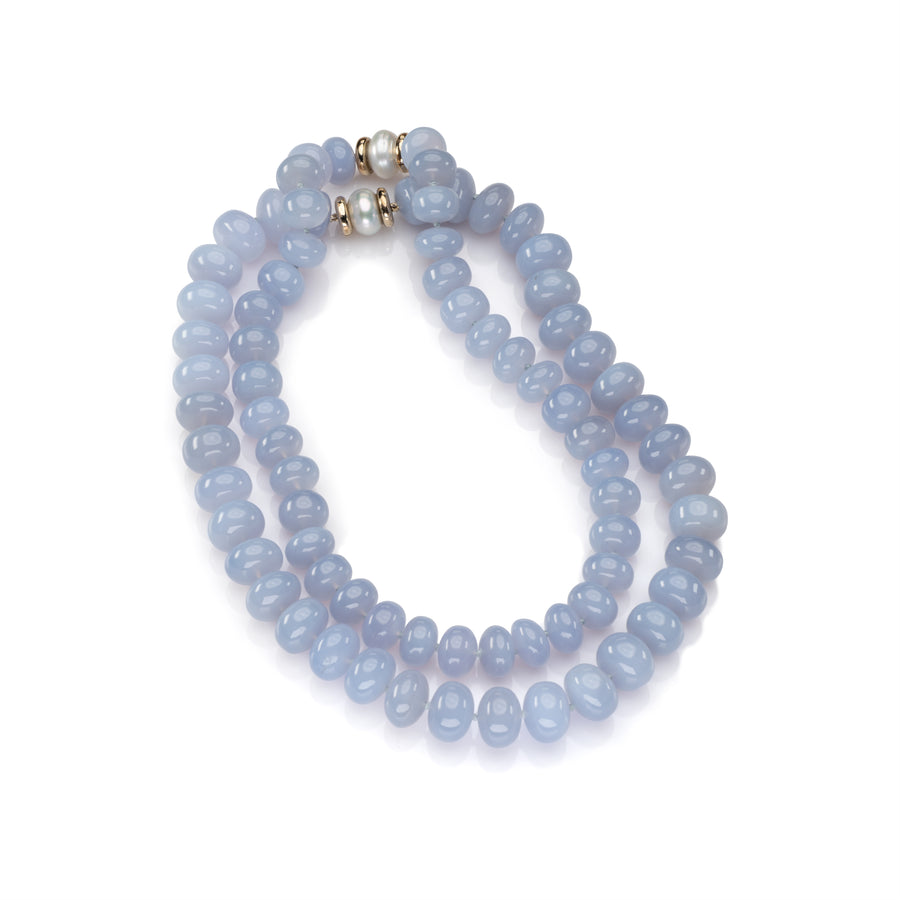 Set of 2 Lentil shape Blue Chalcedony bead Necklaces