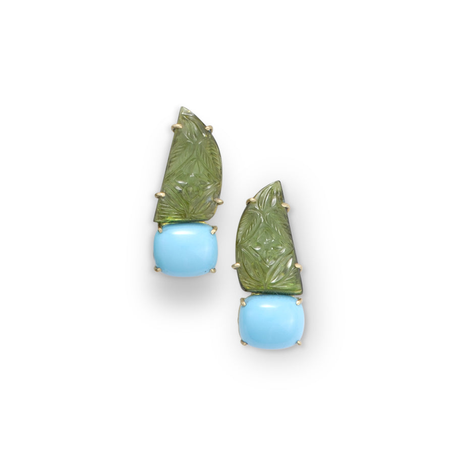 Turquoise & carved green Tourmaline Earrings
