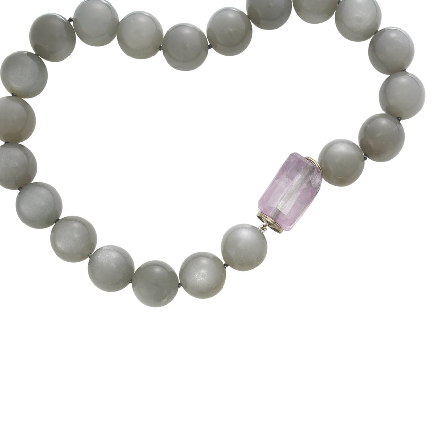 Gray Moon-stone Bead Necklace with Kunzite