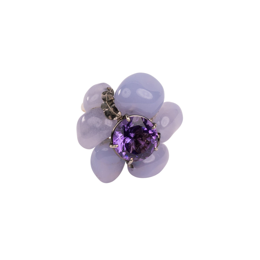 Blue Chalcedony Flower Ring with Amethyst center