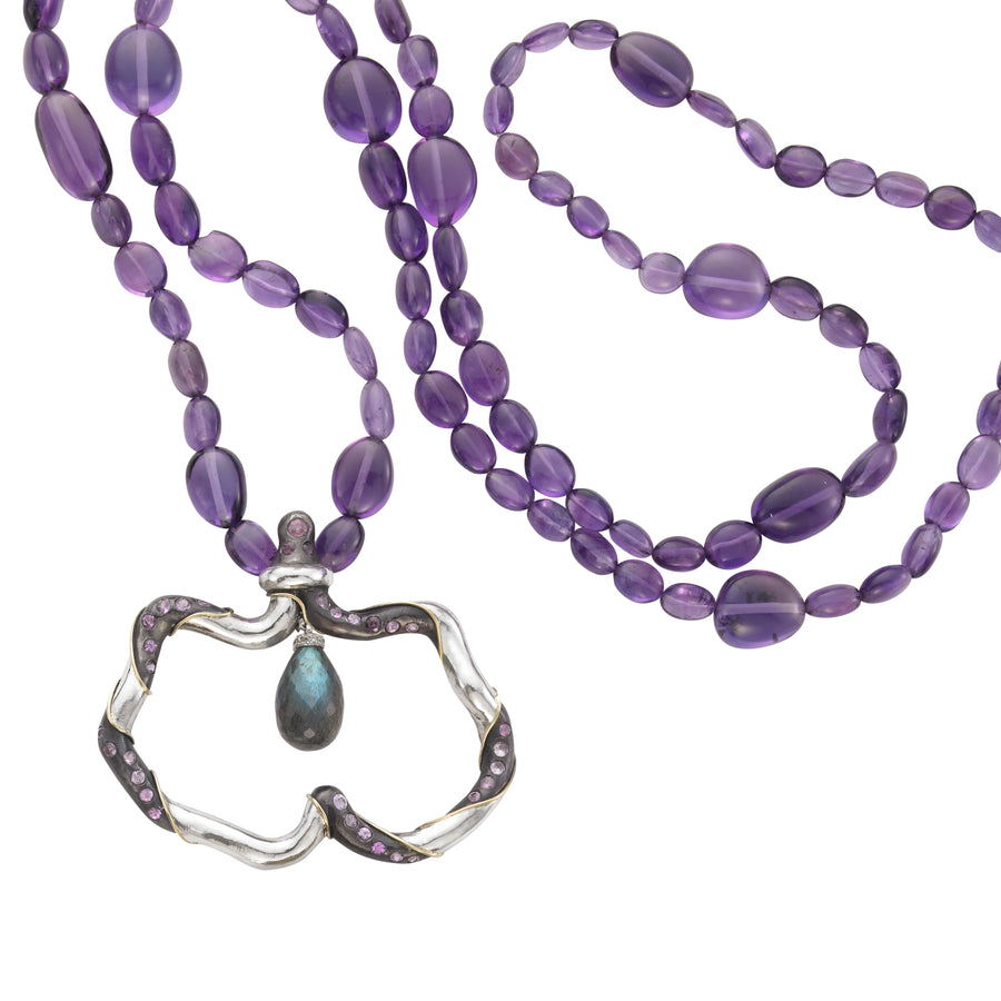 Amethyst nugget Bead Necklace with scalloped silver pendent