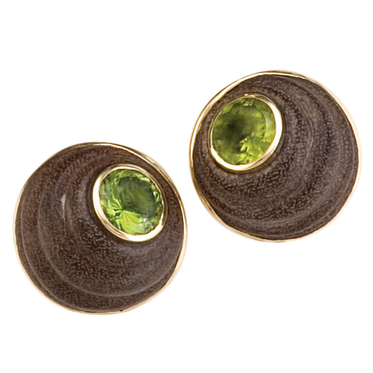 Walnut wood Cone Earrings with faceted Peridot center