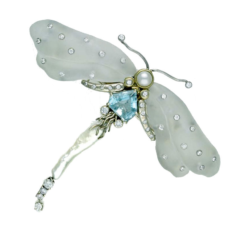 Dragonfly Pin in Rock Crystal & Aquamarine
