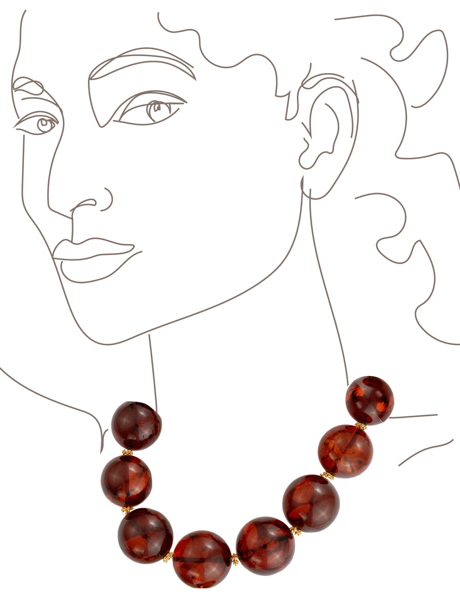 Red Amber Bead Necklace with gold accent