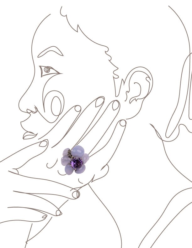 Blue Chalcedony Flower Ring with Amethyst center