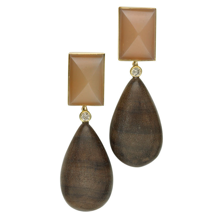Peach Moon-stone Earrings with walnut drops