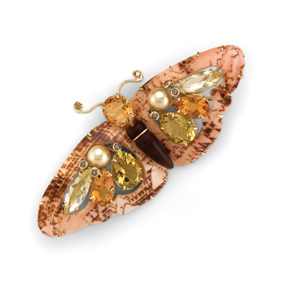 Mottled Shell Butterfly Pin with Citrines & Champagne Diamonds