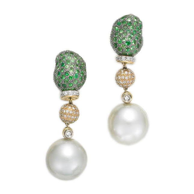 Tasovorite Garnet Bean drop Earrings with South Sea Pearls