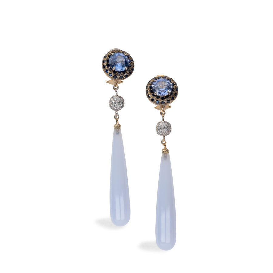 Sapphire Donut Earrings with Chalcedony drops