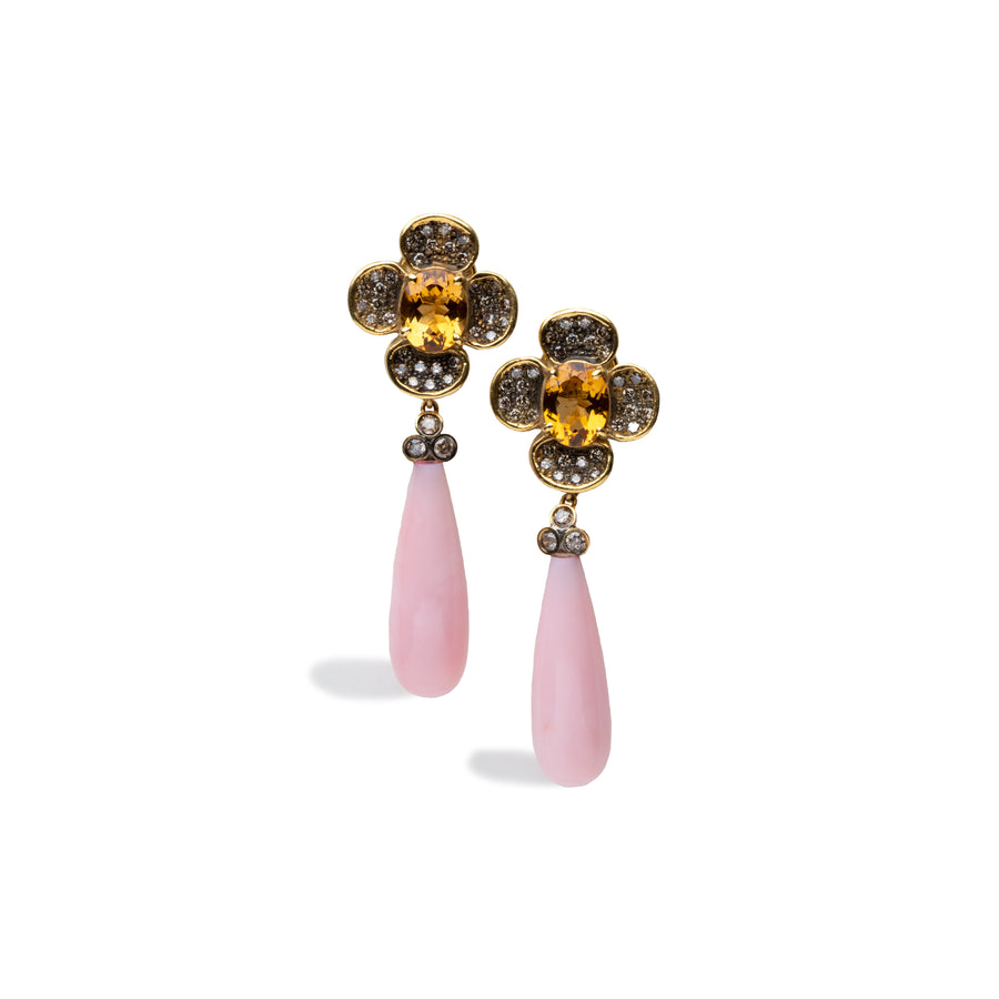 Pave Champagne Diamond Clover Earrings with Citrine center