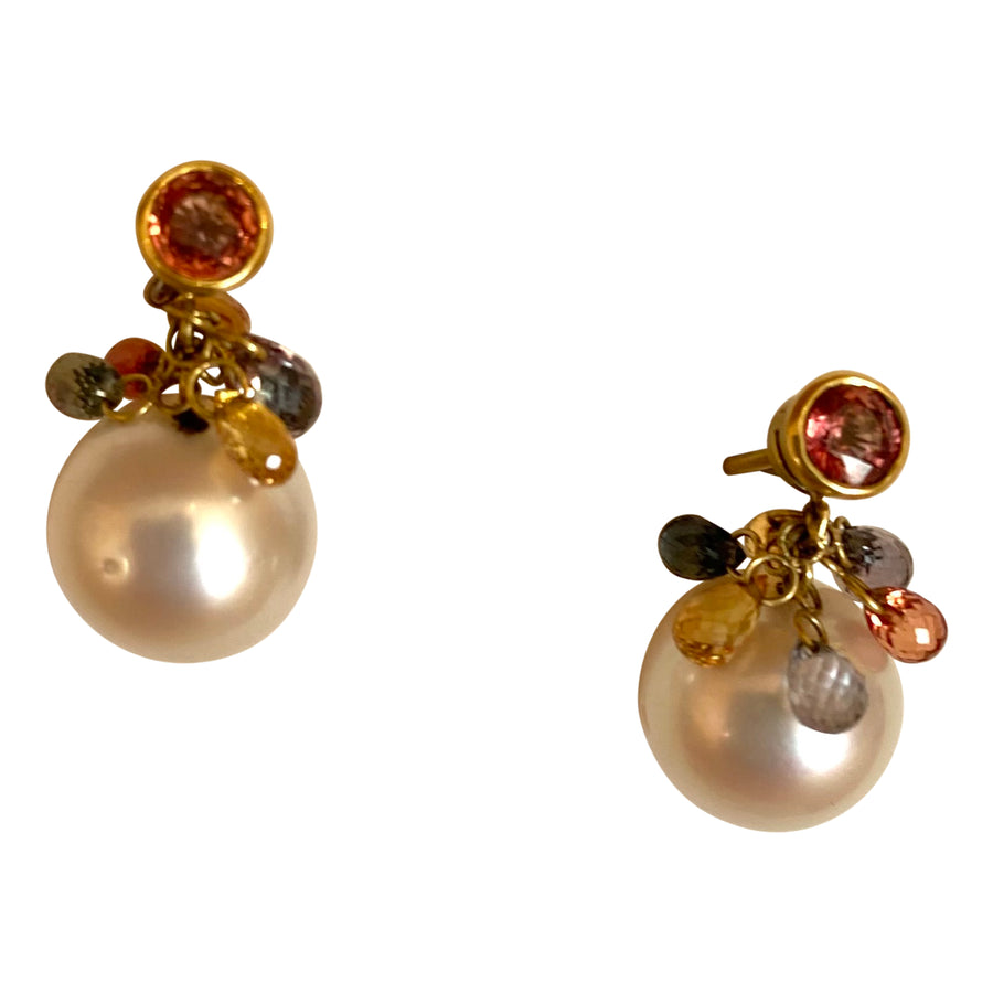 Stud Earrings of Sapphire briolletes & South sea Pearl dangle