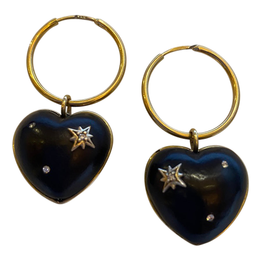 Gold hoop Earrings with puffed heart dangle